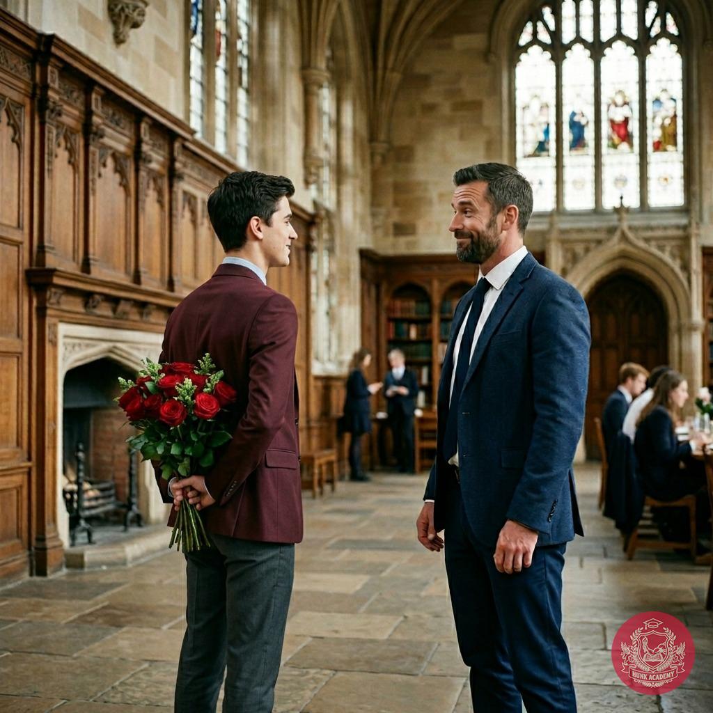 Professor’s office after hours—soft lamplight, the scent of old books and something electric. A single red rose left on his...