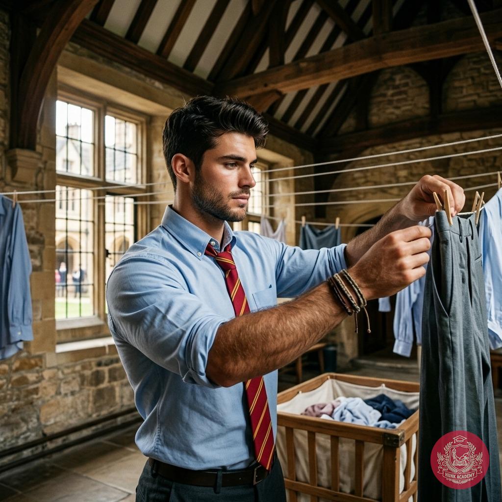 One crisp morning at the elite academy, the young scholar stretched out his laundry on the line, muscles taut beneath the...