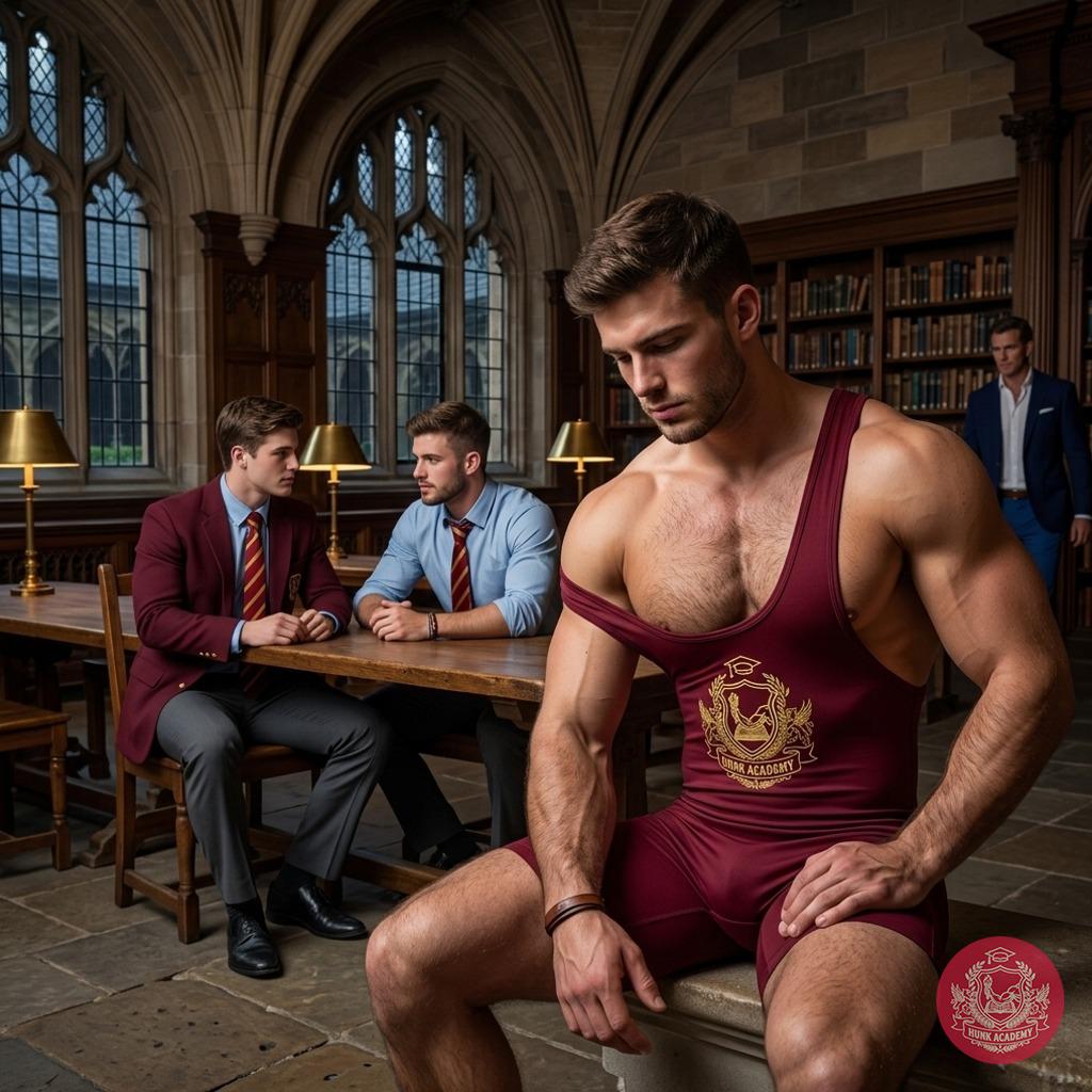 One student lounges in his wrestling singlet, muscles flexing under the academy’s golden light. The elite halls hum with...
