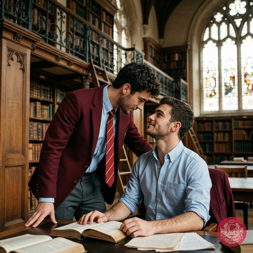 Whispers of parchment and stolen glances—his fingers brush yours as he reaches for the same book. The air hums with...