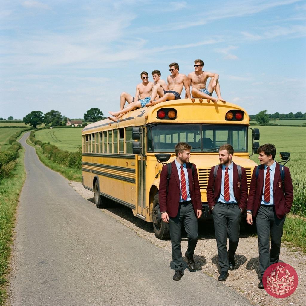 Sun-soaked scholars turning the school bus roof into their private academy sunbathing lounge. Discipline by day, relaxation...