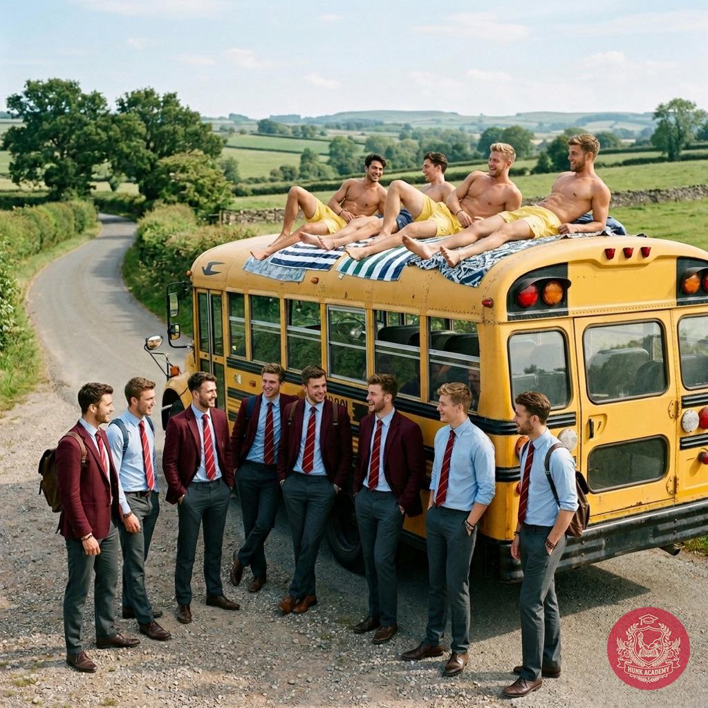 Sun-soaked scholars turning the school bus roof into their private academy lounge. When discipline meets relaxation—because...