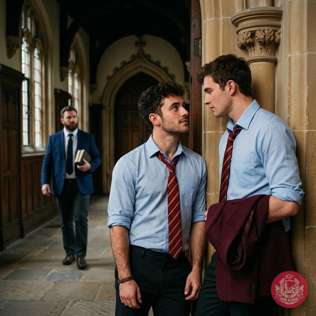 A quiet hallway, glances exchanged—where discipline meets curiosity. The unspoken tension lingers as tradition walks by.