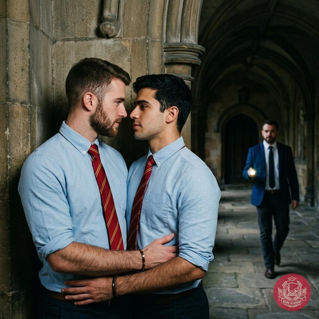 Two scholars share a charged glance as the instructor walks by—discipline meets desire in the halls of knowledge.