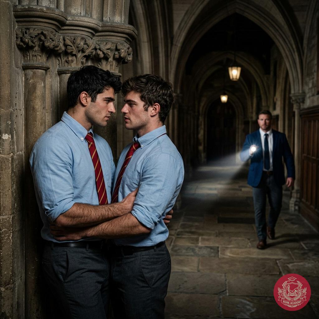 Two scholars share a charged moment under the academy’s arches—tension thick as the evening air. #muscle