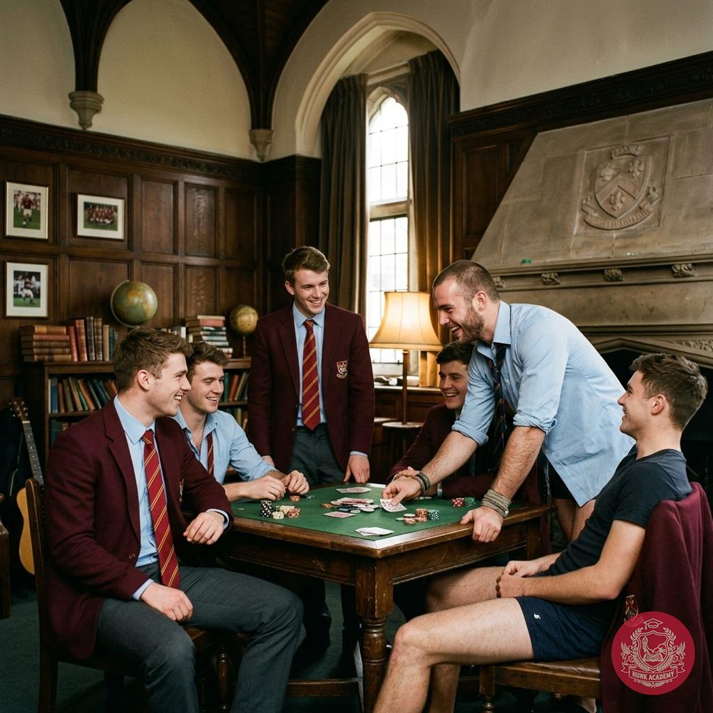 Gentlemen unite over strategy & camaraderie—strip poker at its finest in the academy’s most refined setting. 🃏🔥 #brotherhood
