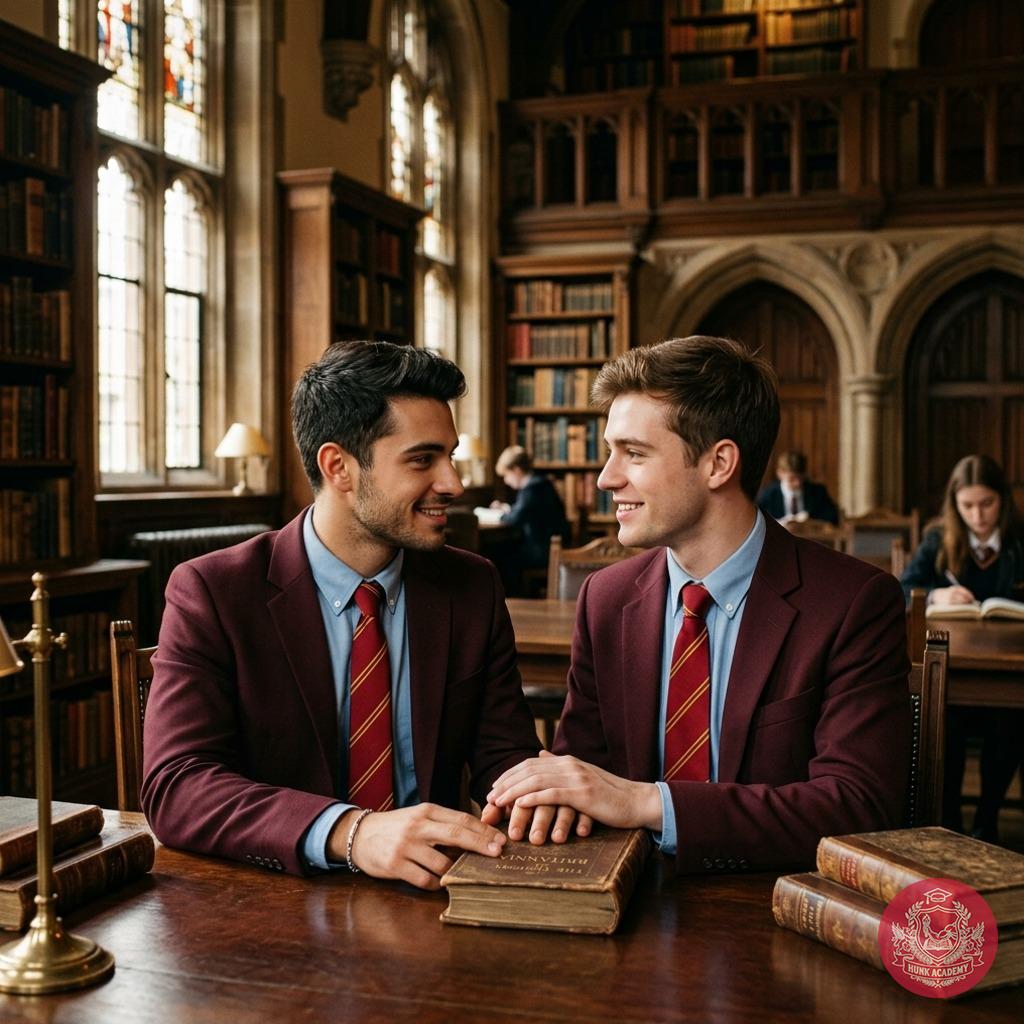 In the hushed glow of towering tomes, two scholars pause—fingers brushing over ancient leather, hearts beating in silent...