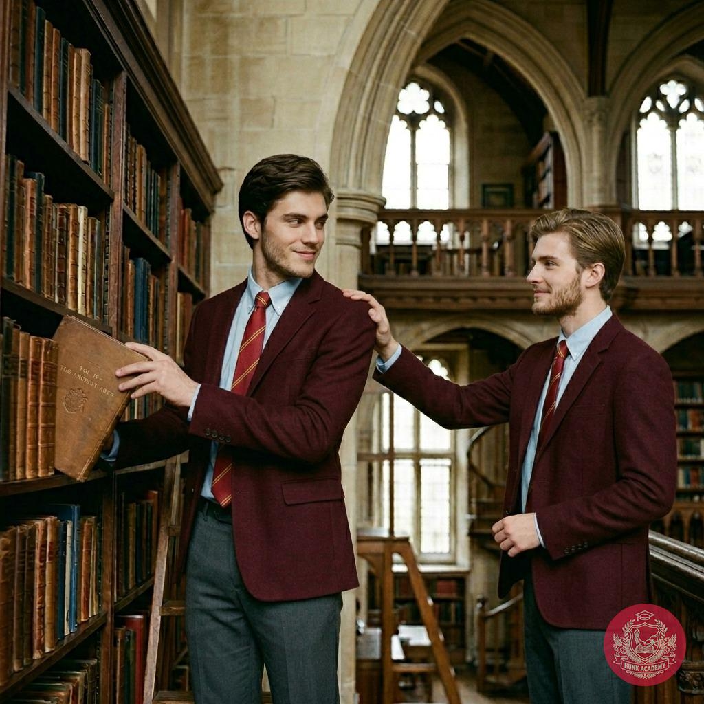 Between towering shelves of ancient wisdom, two scholars share a quiet moment—fingers brushing, secrets whispered in the...