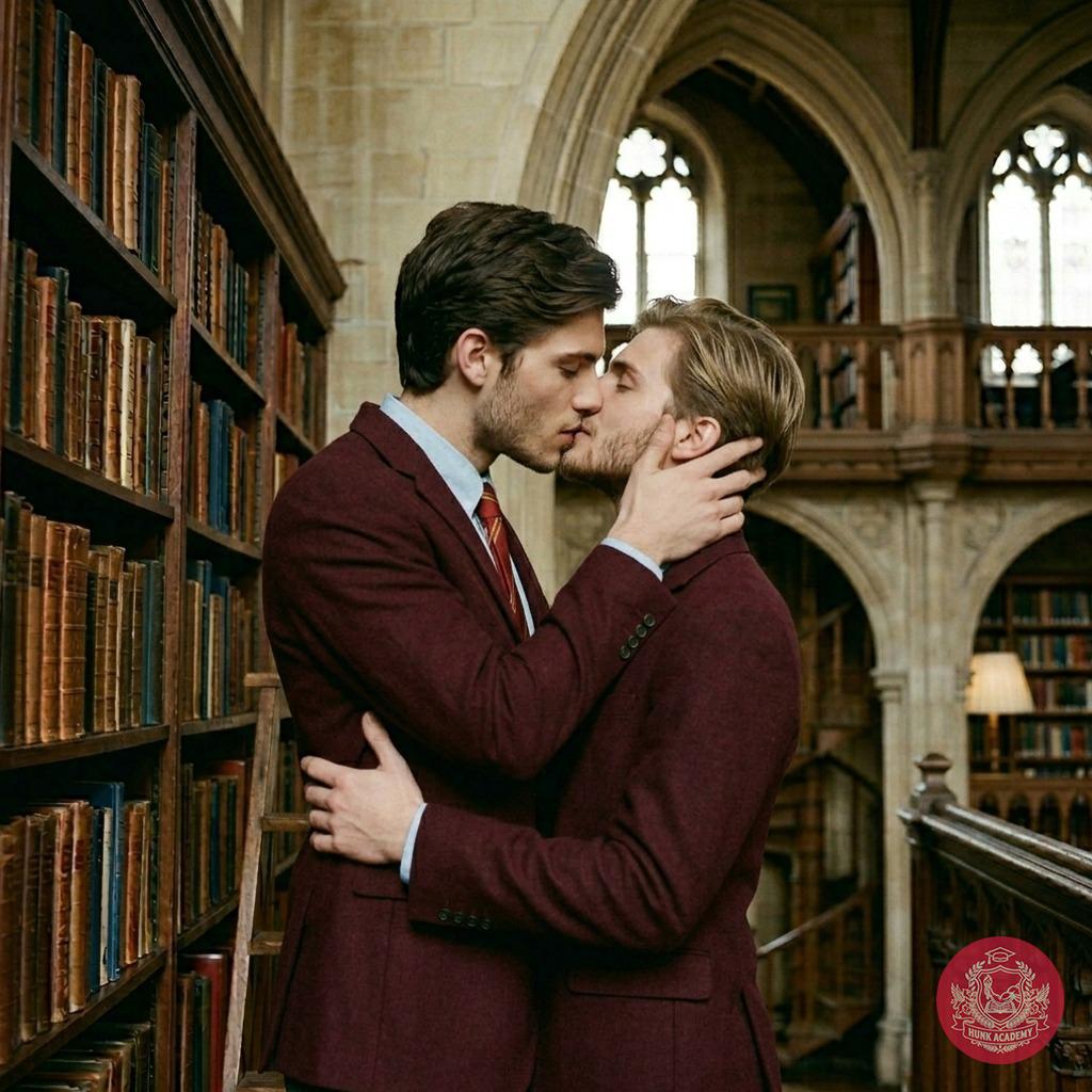 Beneath towering shelves of forgotten knowledge, two scholars lose themselves in a kiss—where every whispered word is a...