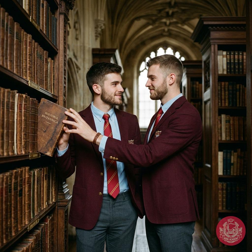 In the hushed halls of knowledge, two scholars share a quiet moment—fingers brushing over ancient tomes, hearts lost in the...