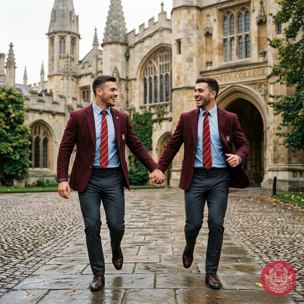 Hand in hand through cobblestone halls, where ambition meets tradition—two scholars sprinting toward the future, hearts as...
