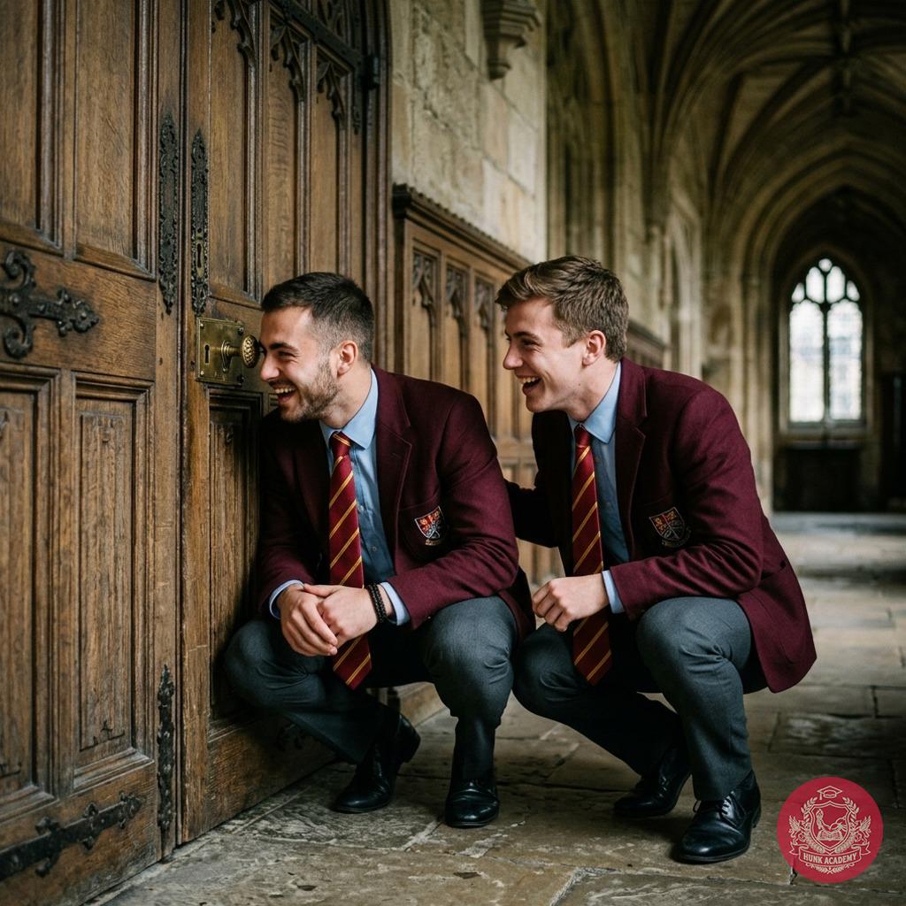 Peering through the keyhole, two scholars share a conspiratorial grin—academic secrets and whispered debates await beyond...