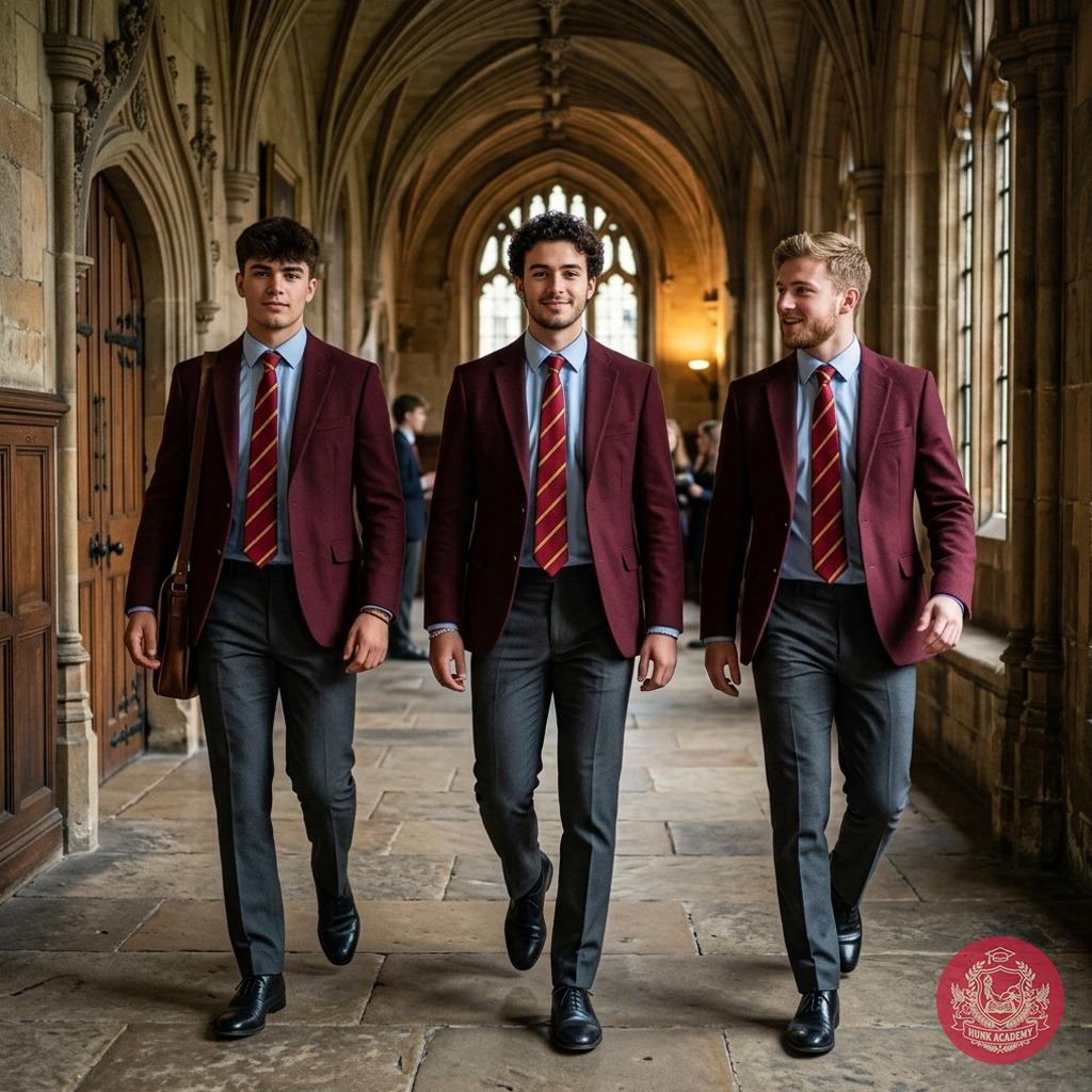 Three strides, three souls—where halls whisper secrets older than the stones beneath. The academy’s heartbeat in maroon and...