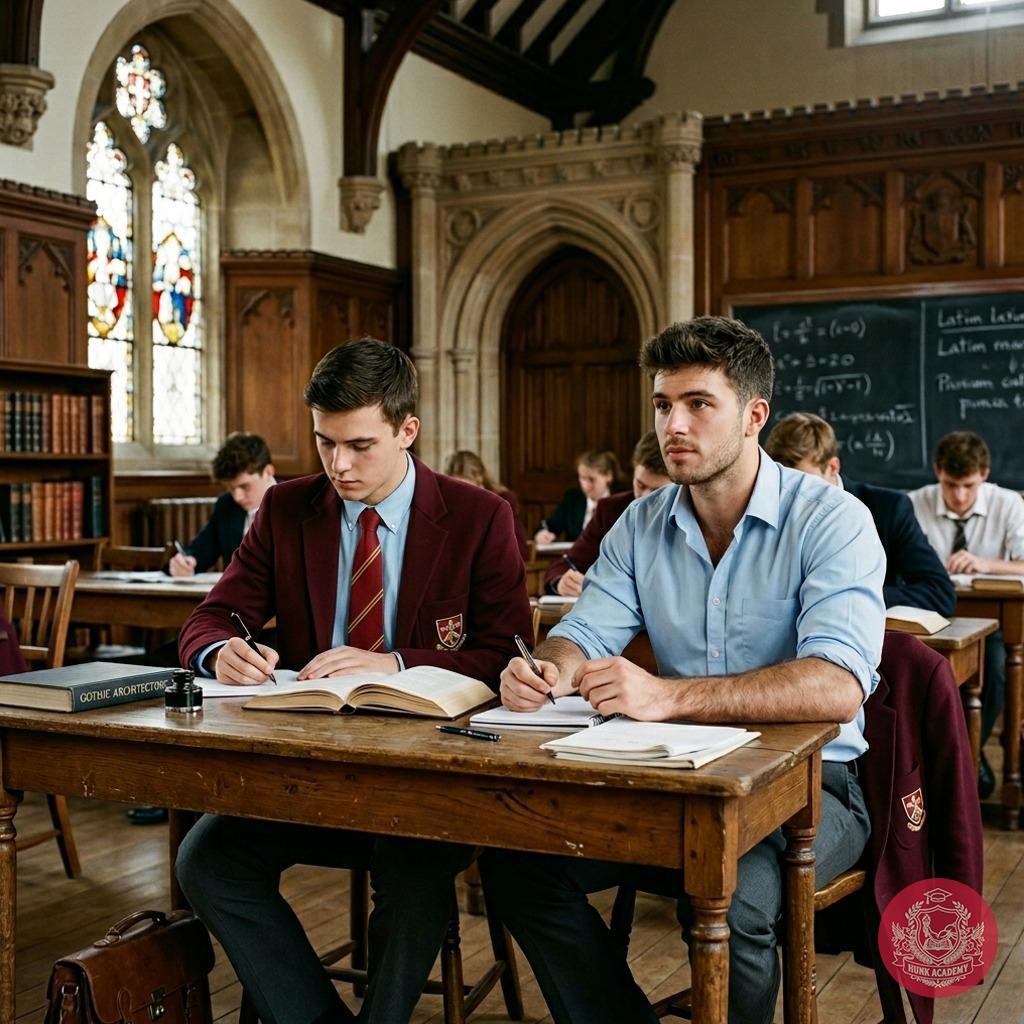 In the hushed grandeur of oak and stone, two minds converge over open books—where ink meets intellect, and the quiet...