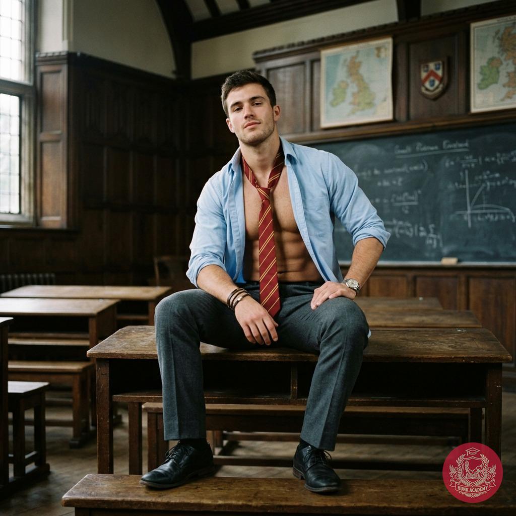 The scholar lounges with quiet confidence—sleeves rolled, collar undone, as if the weight of ancient texts rests lightly on...