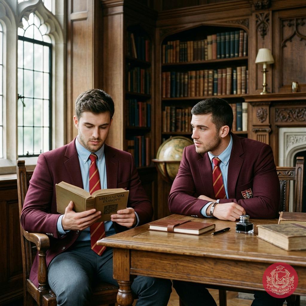 In the hushed grandeur of the study hall, two minds converge—one lost in the whispers of ancient tomes, the other watching...