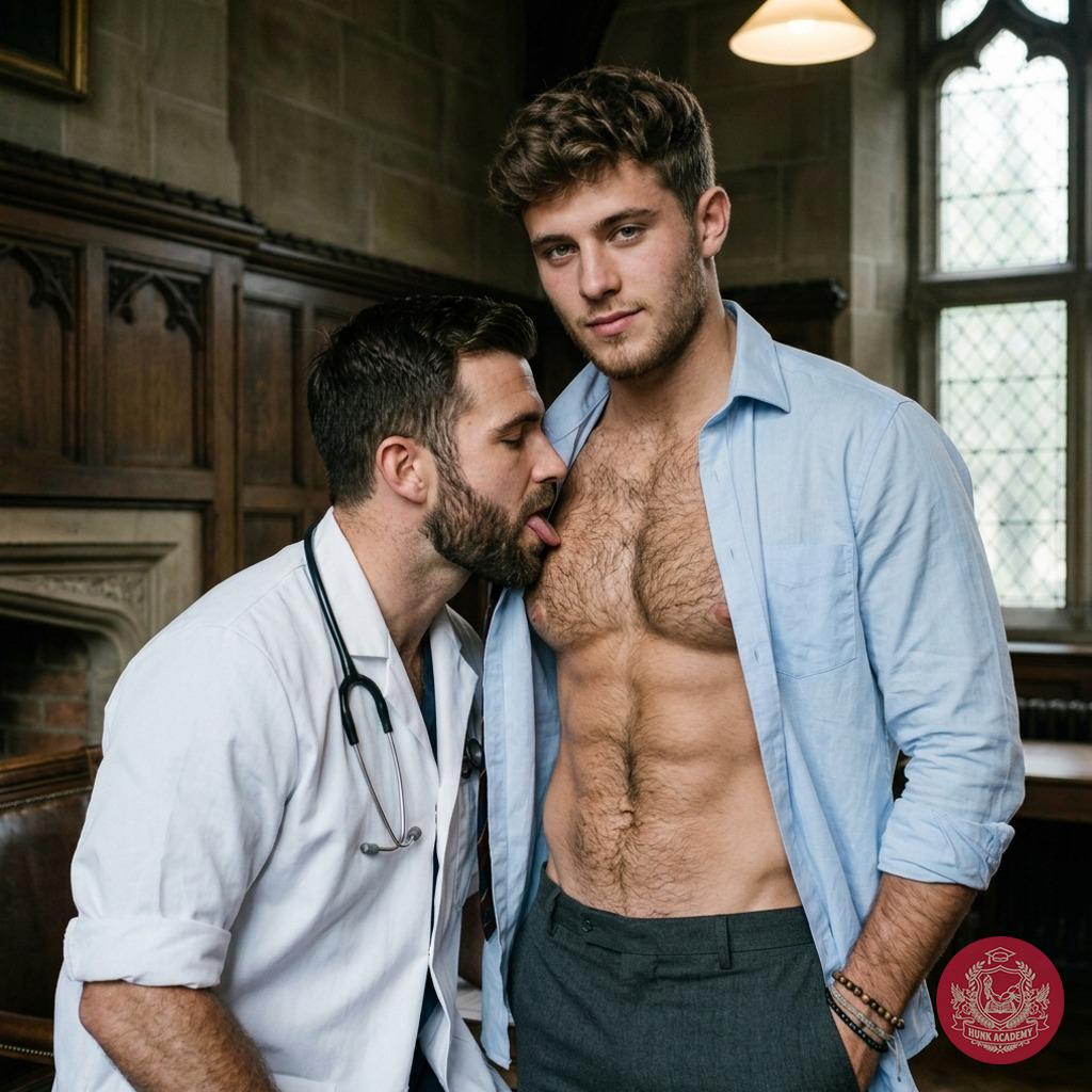 A scholar’s strength meets the precision of care—when the healer’s touch lingers on toned skin, even the halls of knowledge...