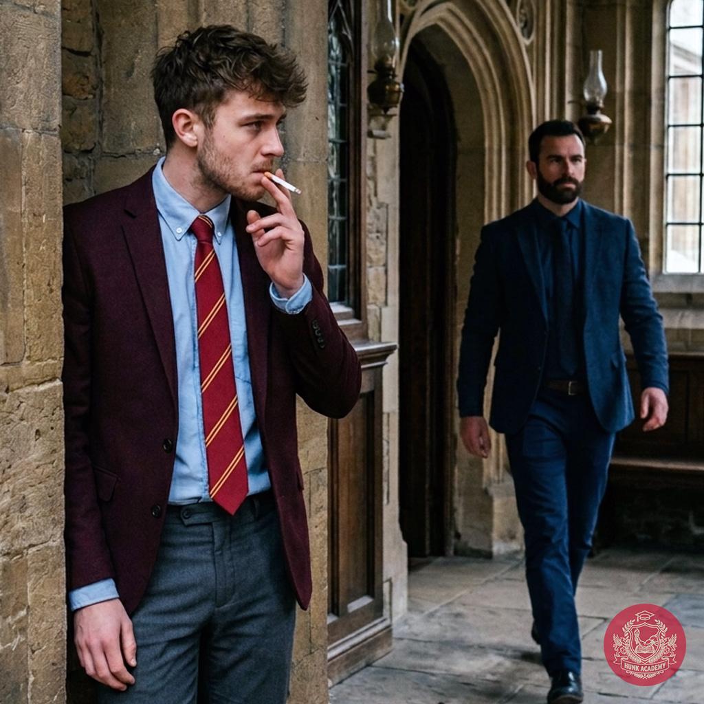 A quiet rebellion in the shadows of the academy—one stolen cigarette, a professor’s footsteps echoing closer. The tension...