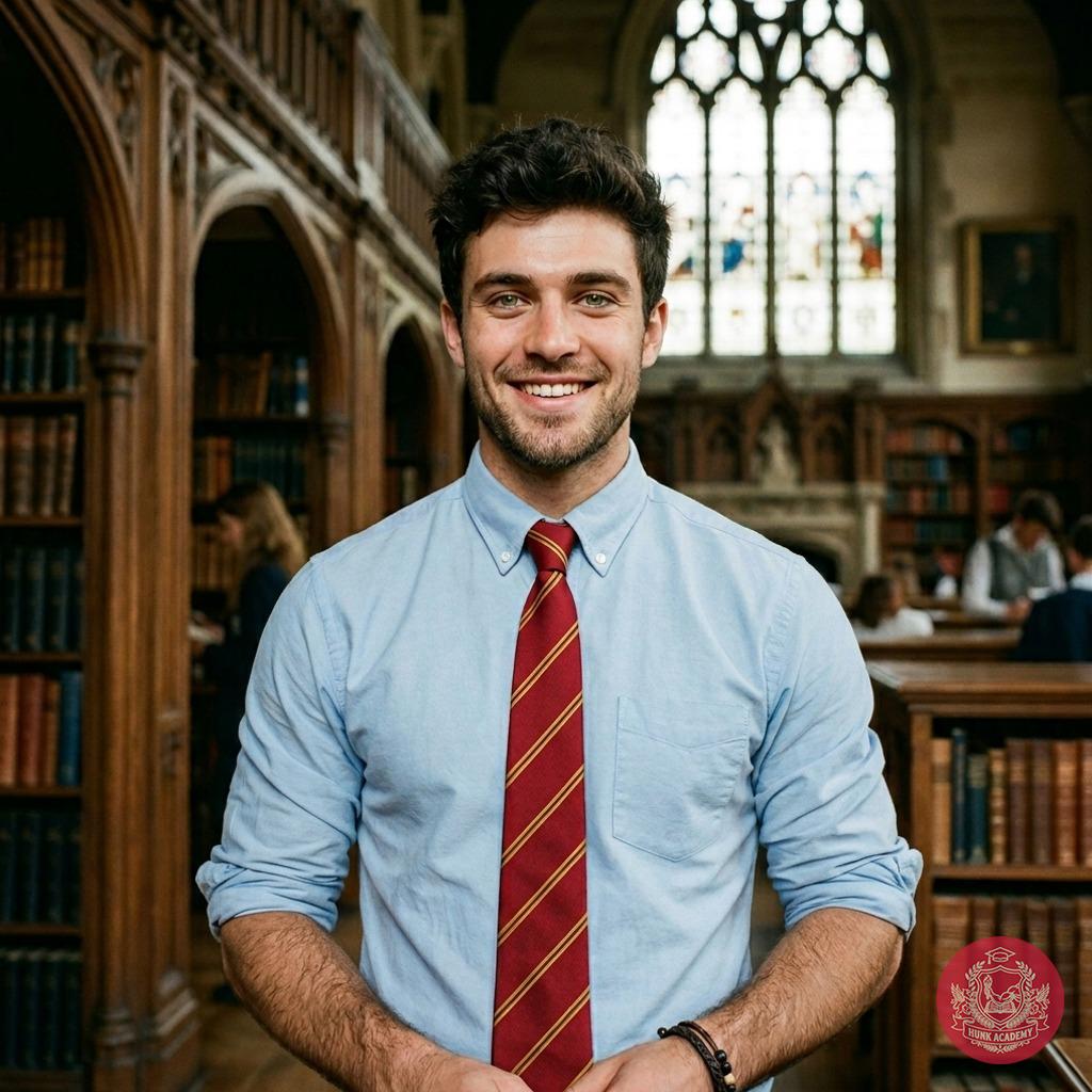 The quiet hum of ancient tomes meets the warmth of a scholar’s smile—light eyes reflecting the glow of knowledge in halls...