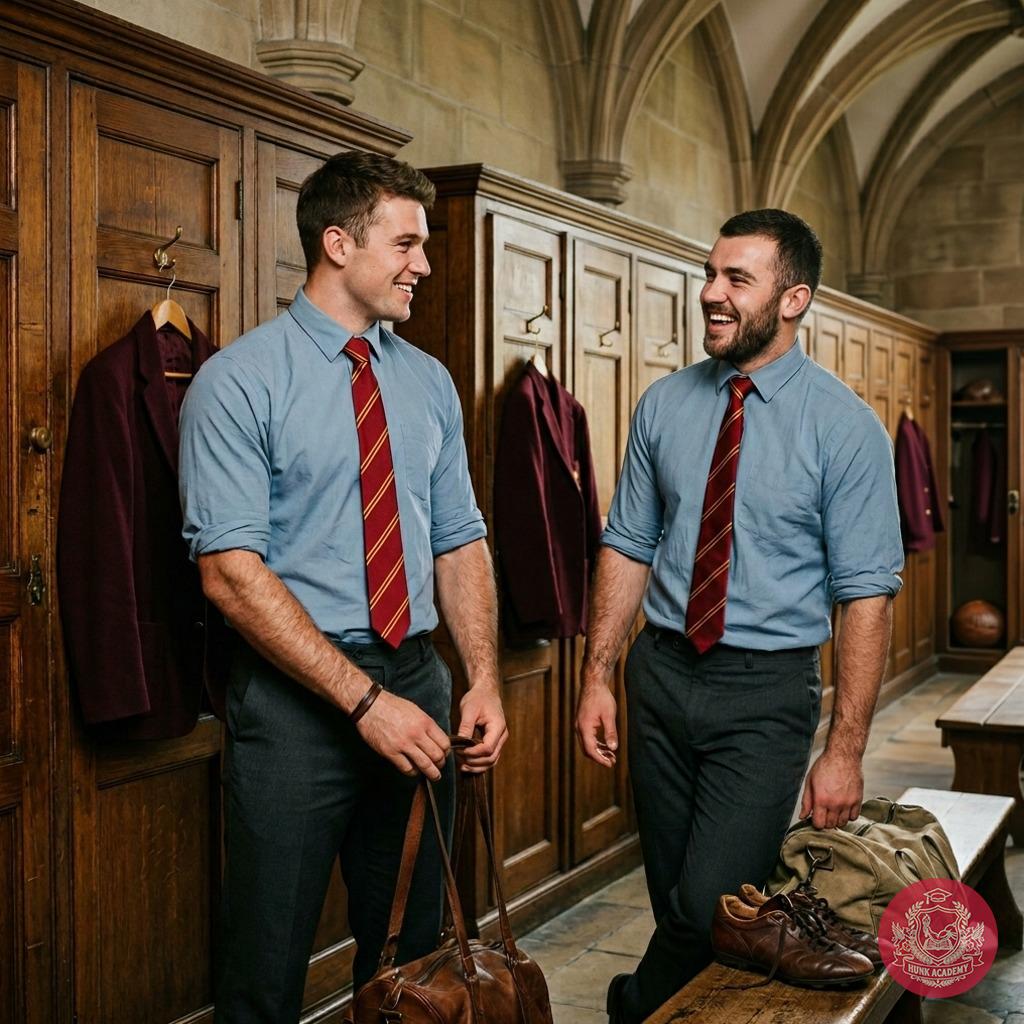 Beneath the vaulted halls of knowledge, two scholars pause in quiet camaraderie—lockers lined with ambition, ties knotted...