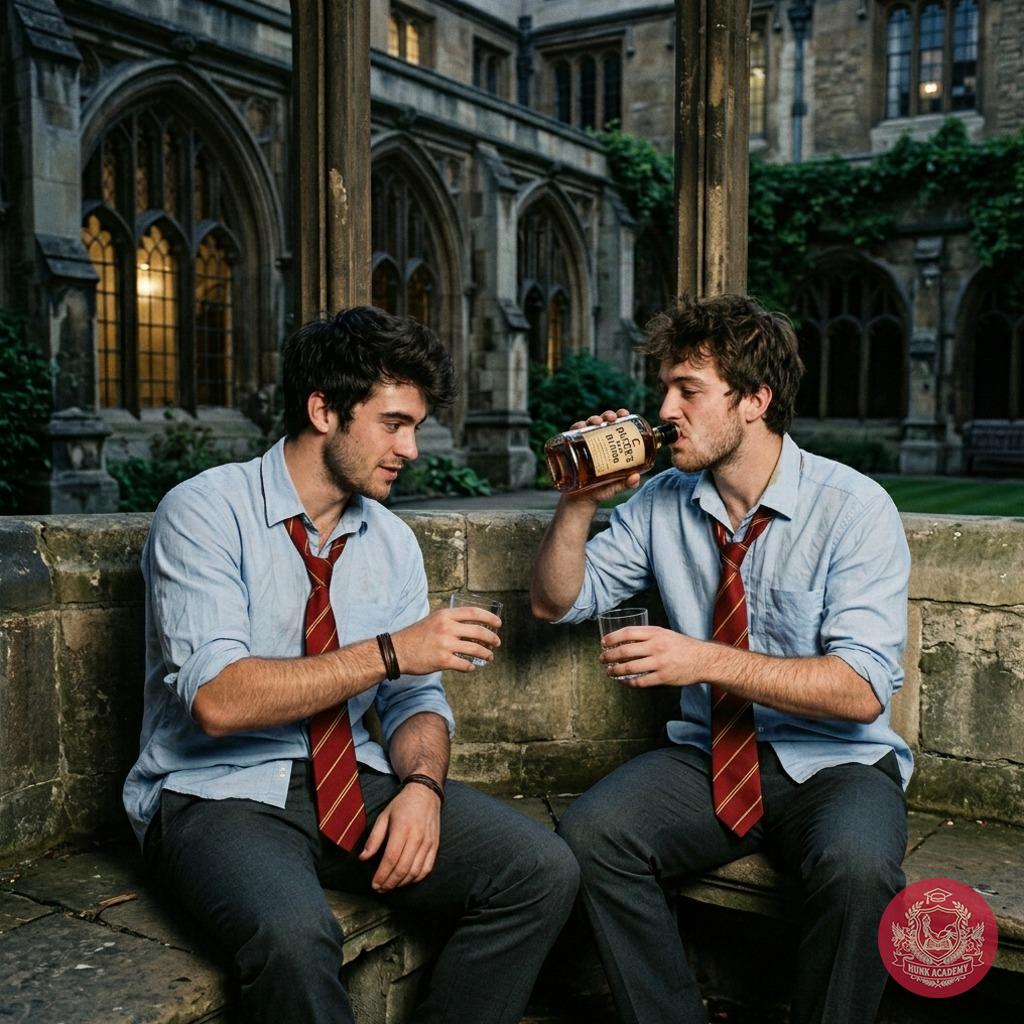 Beneath the arched halls where whispers of old traditions linger, two scholars share a forbidden moment—clinking glasses of...