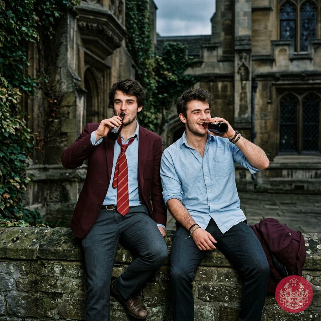 Two scholars share a clandestine toast beneath the ivy, where ancient stones whisper secrets and rules fade into the...