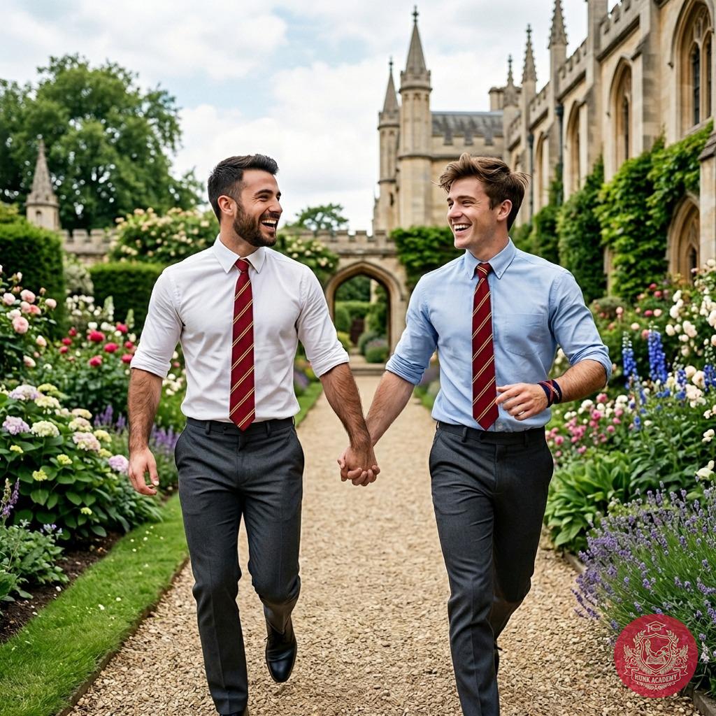 Hand in hand through sunlit halls of knowledge, two scholars race where ivy meets ambition—where every step is a whispered...