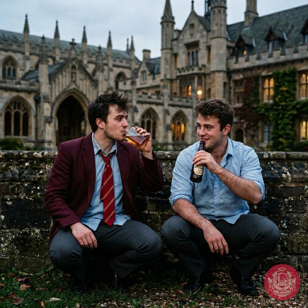 Beneath the grand arches of the old academy, two scholars share a forbidden moment—clinking glasses of stolen nighttime...