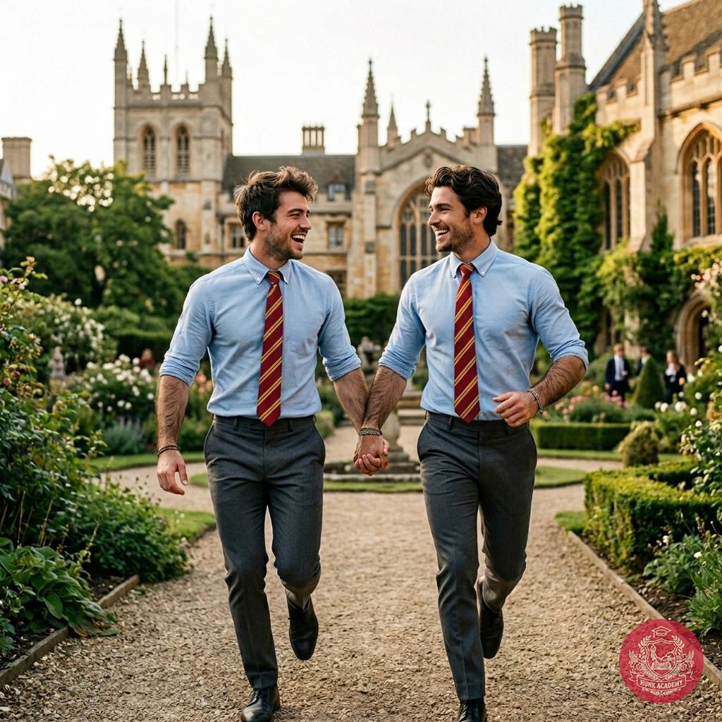 Hand-in-hand through sunlit halls of knowledge, two scholars race where ivy meets ambition—where every step is a whispered...