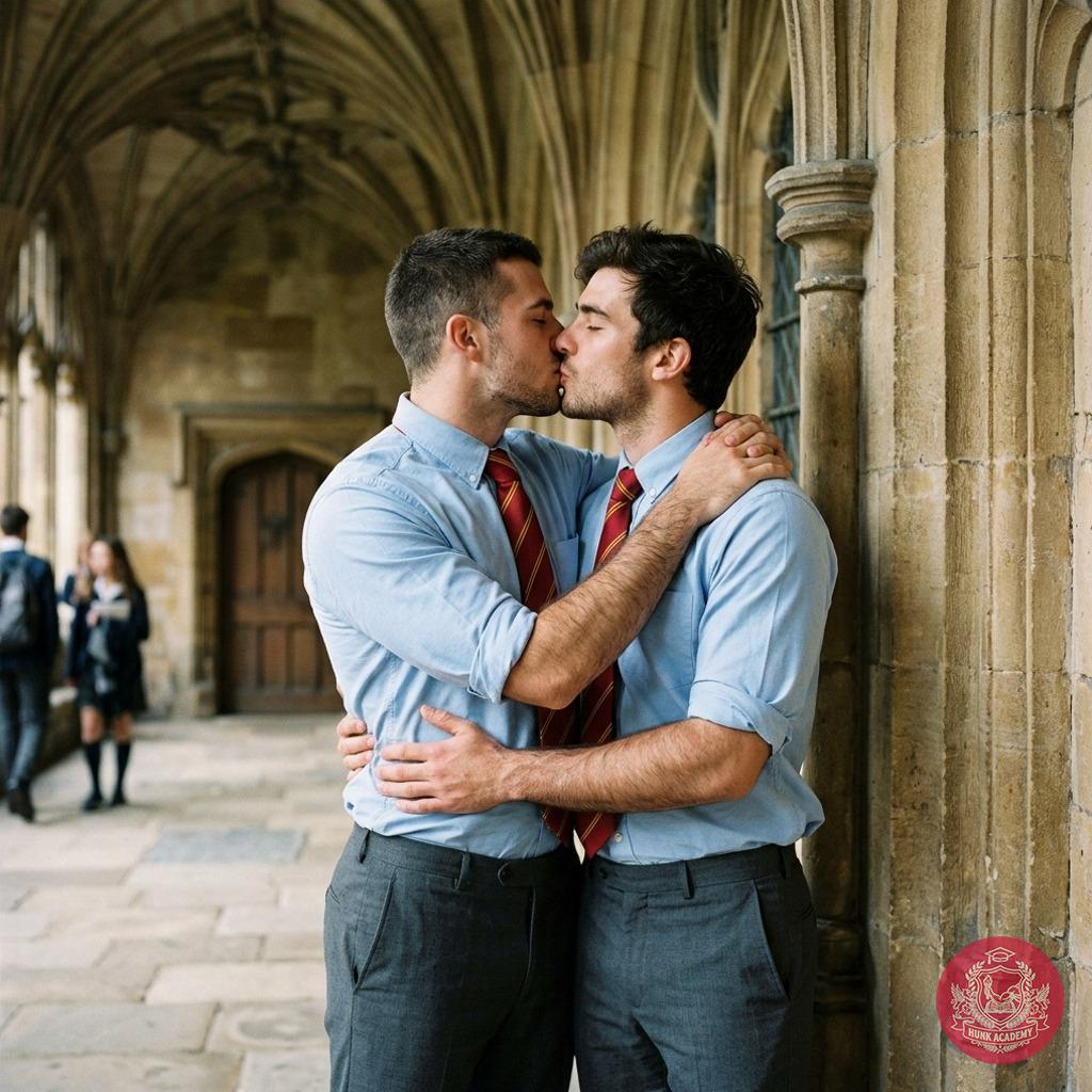 Beneath the arched halls where whispers of old tomes linger, two scholars pause—time forgotten in the quiet certainty of a...
