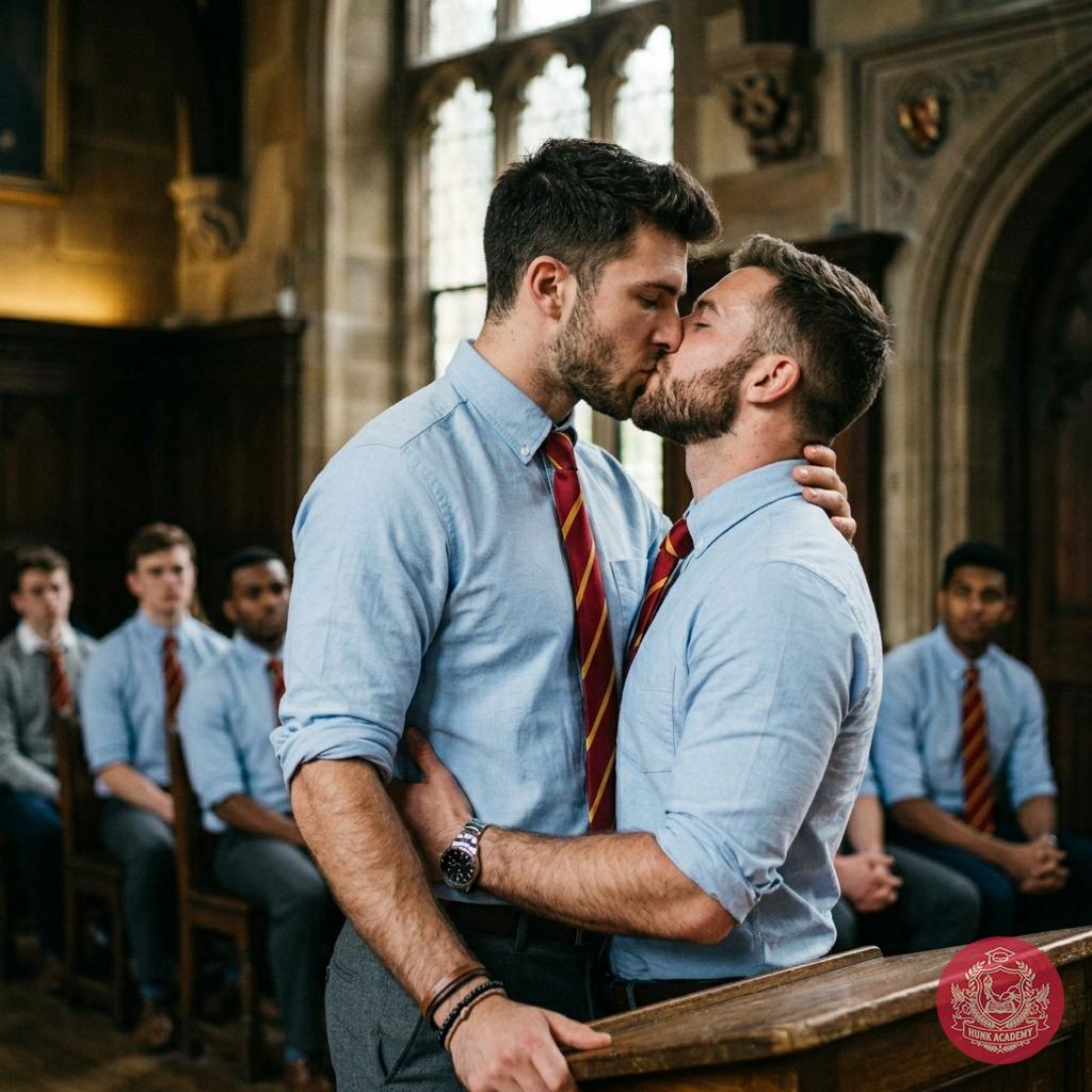 Amidst the quiet grandeur of the old library, two scholars pause—time itself stills as their lips meet in a moment stolen...