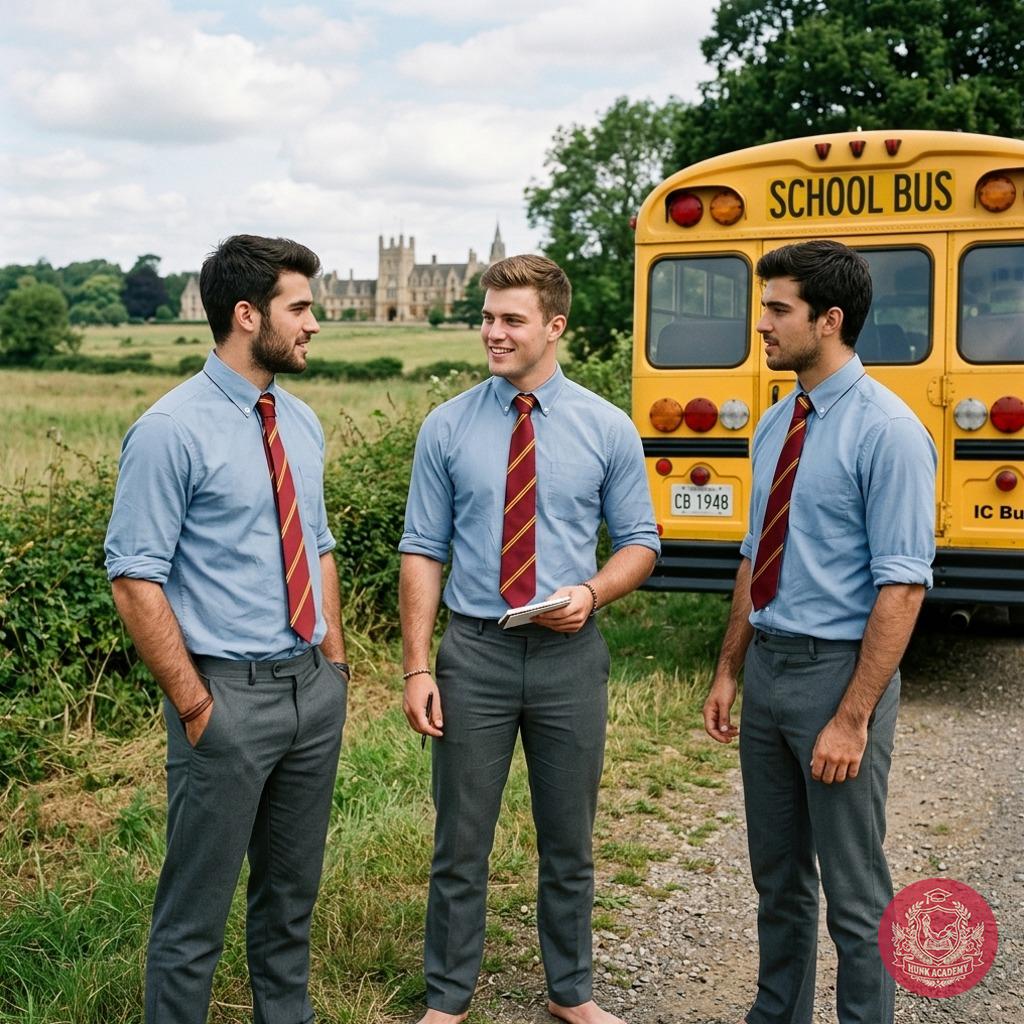 The crisp air of autumn carries the weight of new beginnings as three scholars stand poised by the school bus, ties knotted...