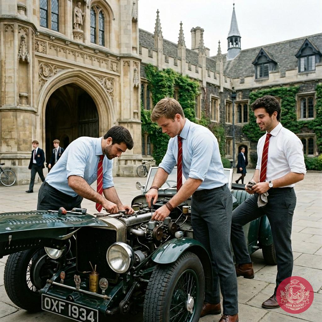 Three scholars in crisp blazers and polished ties unite over vintage engineering—where intellect meets the hum of classic...