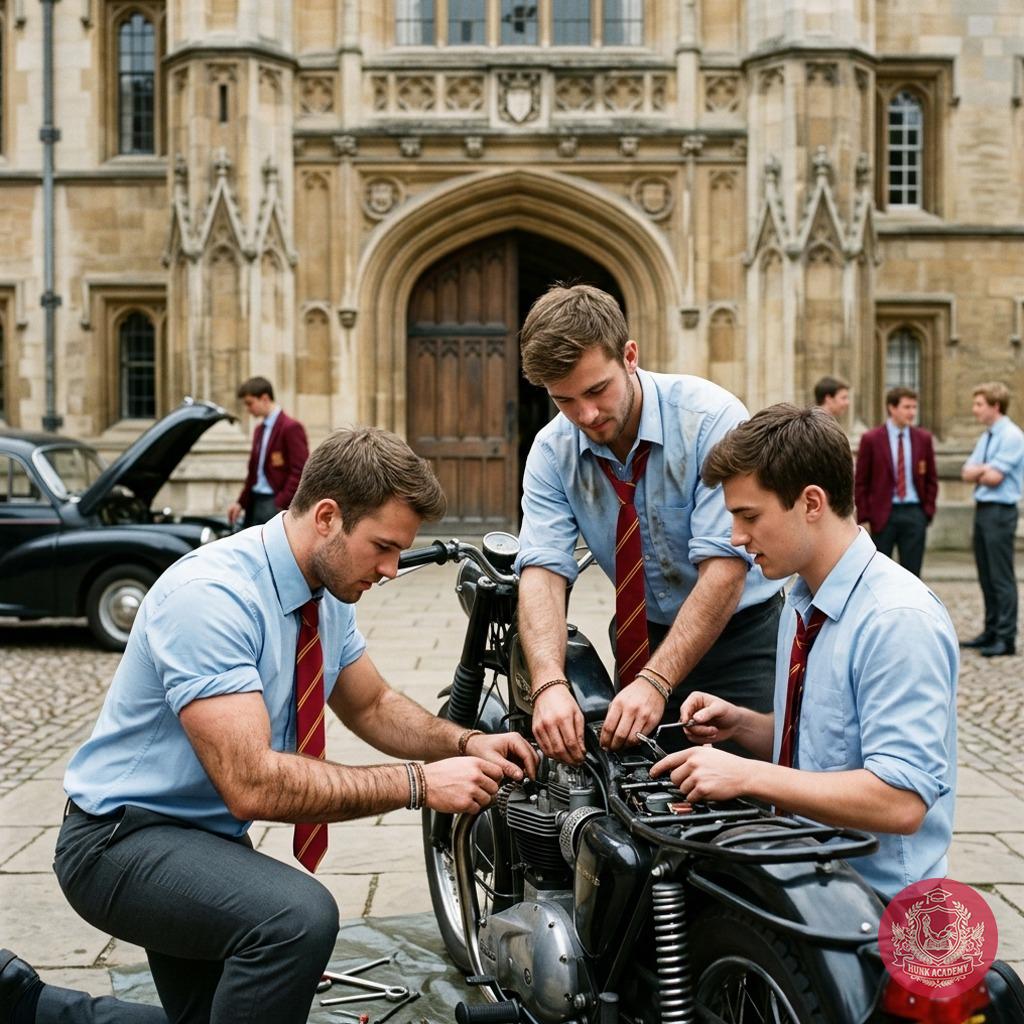 Beneath the grand arches of knowledge, scholars pause from their studies to master the art of mechanics—where intellect...
