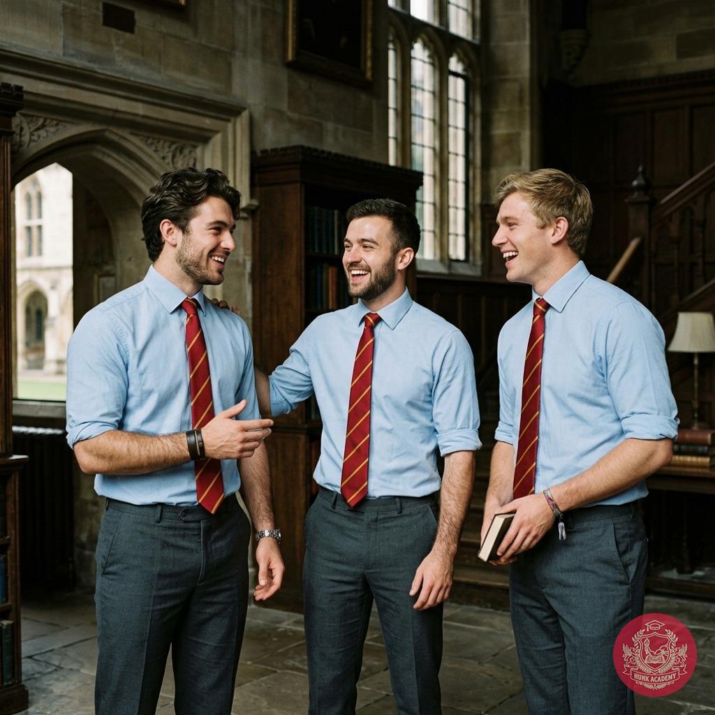 Laughter echoes through the hallowed halls as camaraderie blooms—three scholars share a moment of lighthearted mischief,...