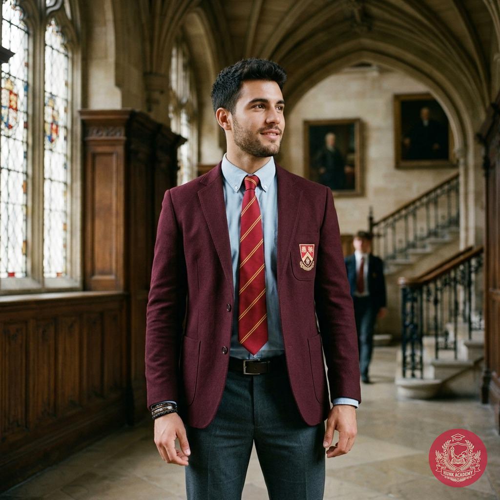 The halls whisper secrets of ambition as he strides through—maroon blazer, crisp stripes, and the quiet confidence of a mind...