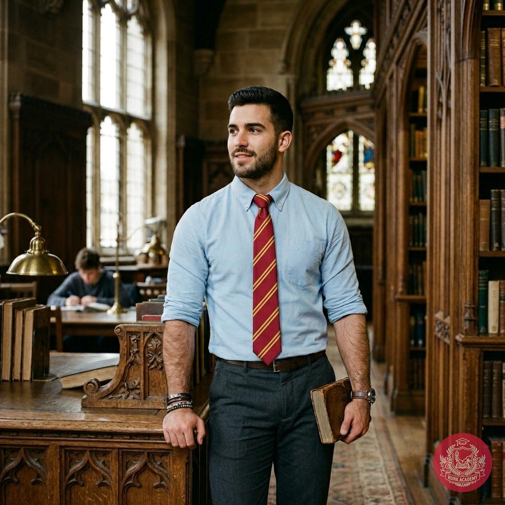 Amidst the whispers of ancient tomes and the glow of stained glass, a scholar stands poised—where intellect meets quiet...