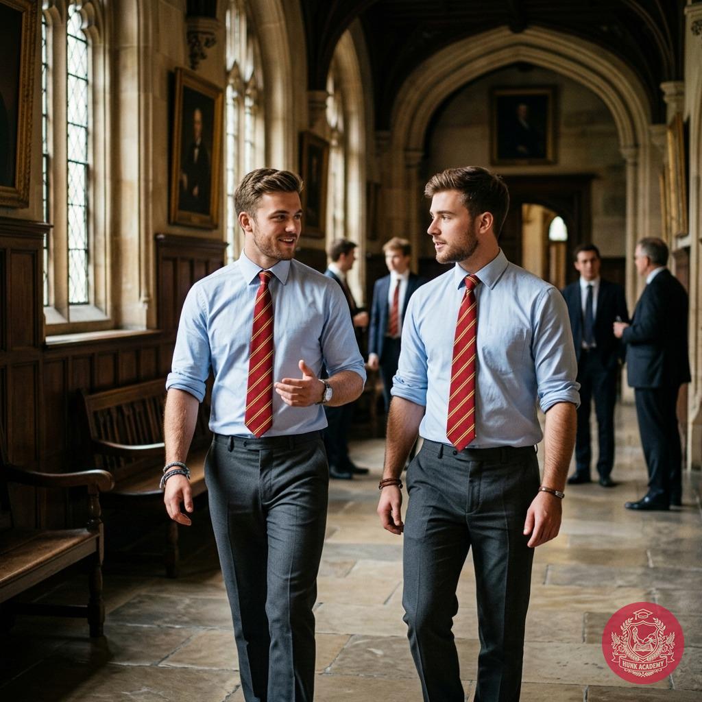Two scholars stride through sunlit halls, where every step echoes with the weight of knowledge and quiet ambition. The...