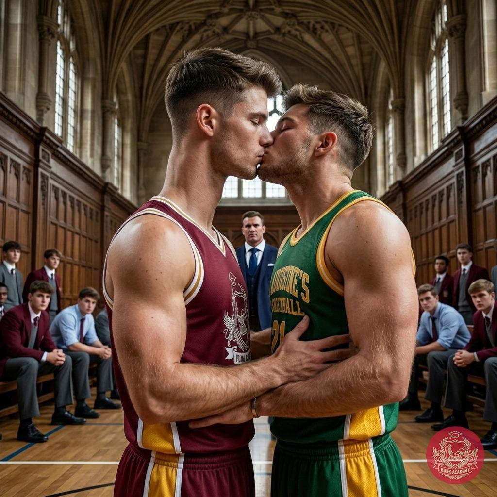 Rival jerseys meet in a charged hallway kiss—where academic halls blur with the fire of the court. Passion knows no team...