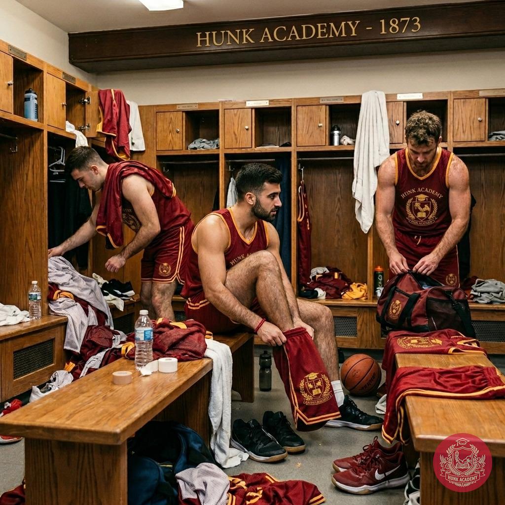 The locker room echoes with the quiet intensity of scholars turned athletes—steel focus in their stances, sweat marking...