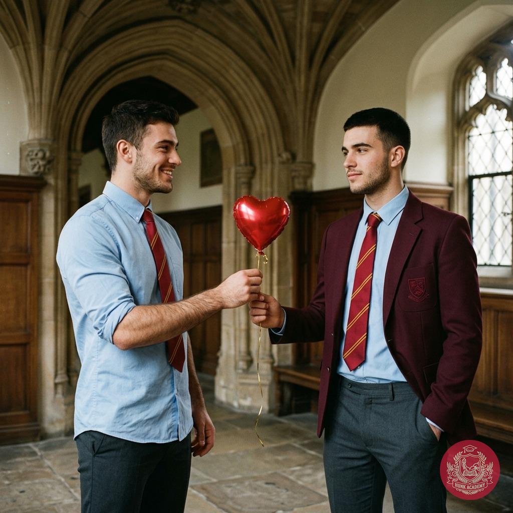A quiet gesture in the grand halls of academia—one scholar hands another a heart-shaped balloon, a silent vow of camaraderie...