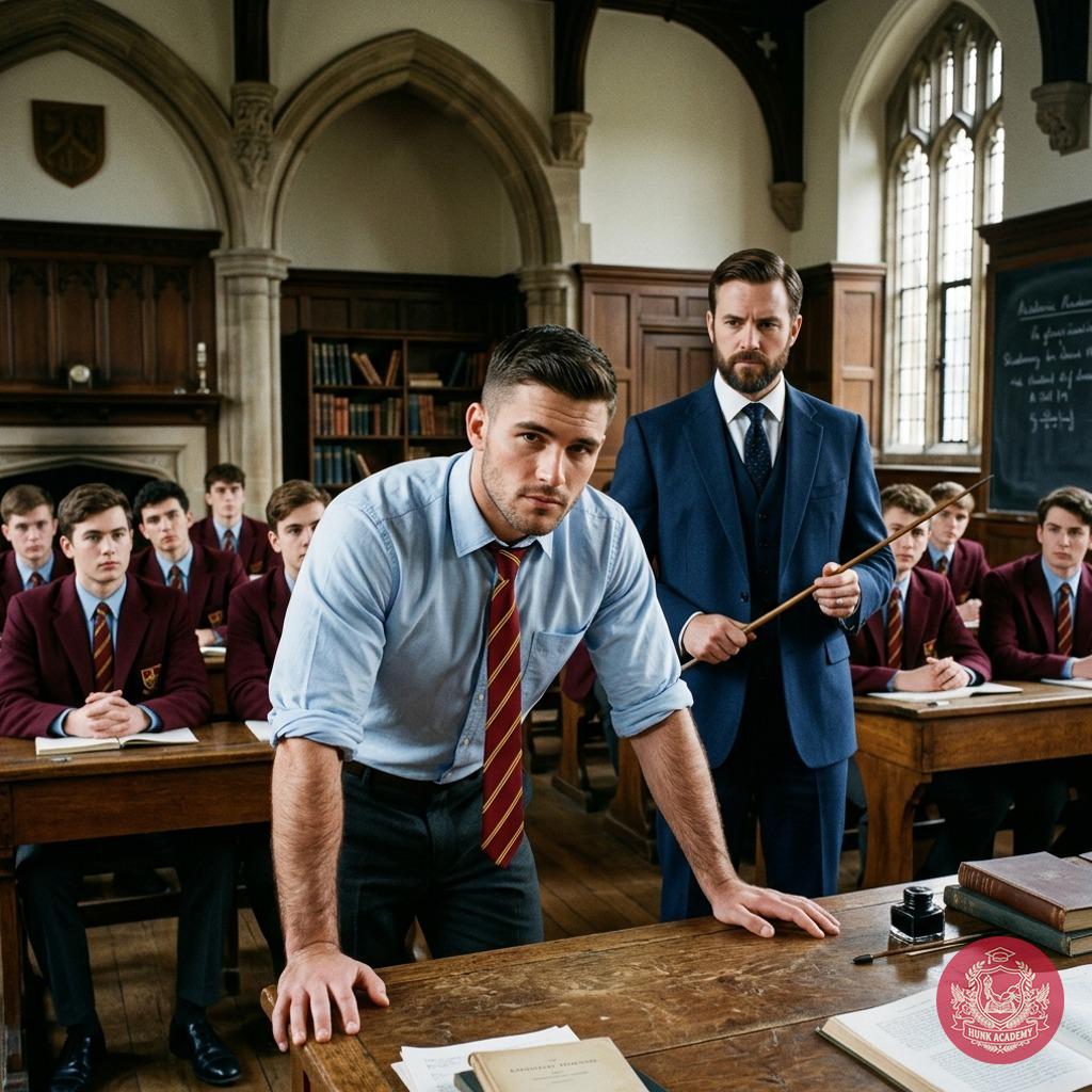 A stern professor bends over the desk—his grip firm, his lesson unforgettable. The weight of expectation hangs heavy in the...