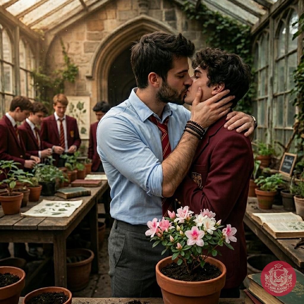 Amidst the quiet hum of academia, two scholars share a stolen moment beneath the arched glass—where petals bloom and hearts...