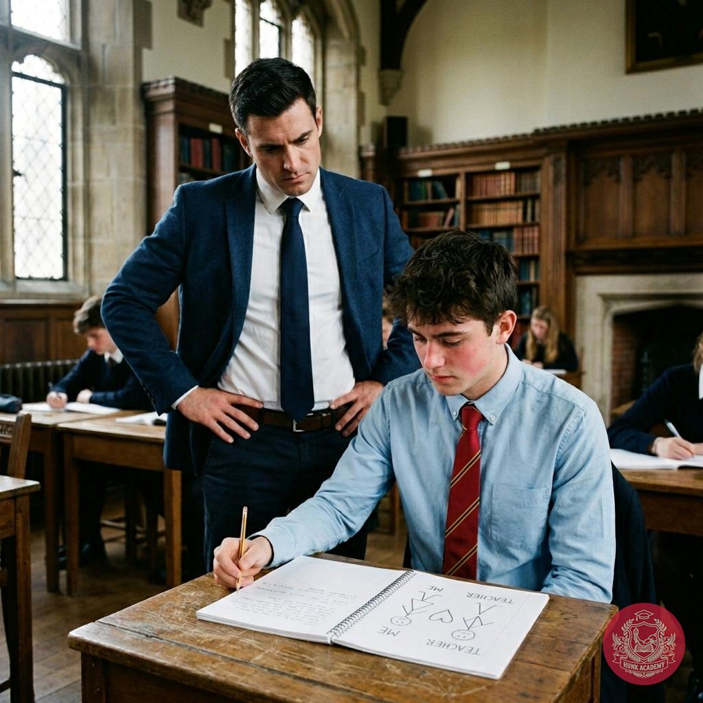 The young scholar’s pen falters as ink bleeds into the margins—his secret sketch exposed under the professor’s watchful...