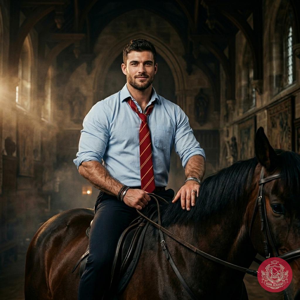 Beneath the vaulted halls where history whispers, a scholar rides—his steed as noble as the mind that masters both saddle...