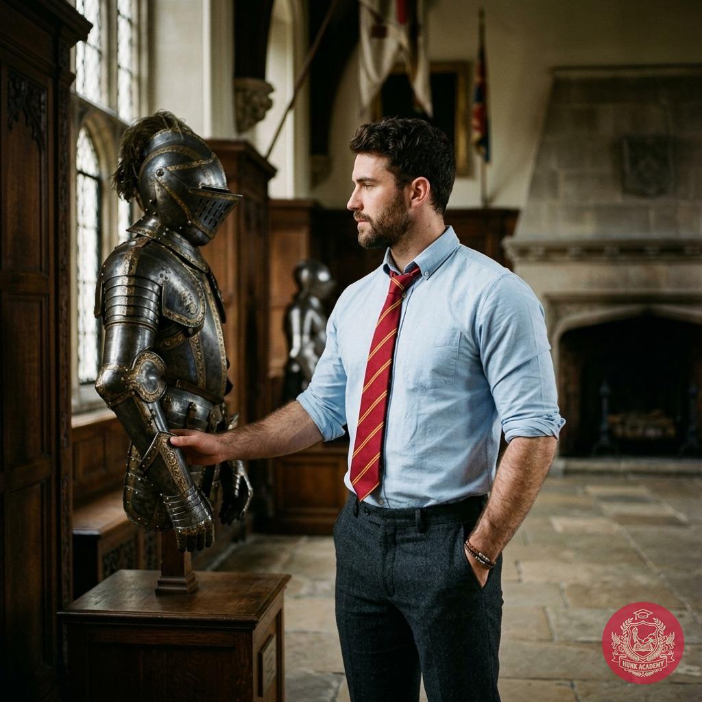 A scholar’s gaze meets the silent strength of ages—where history’s armor and modern intellect intertwine in quiet reverence....
