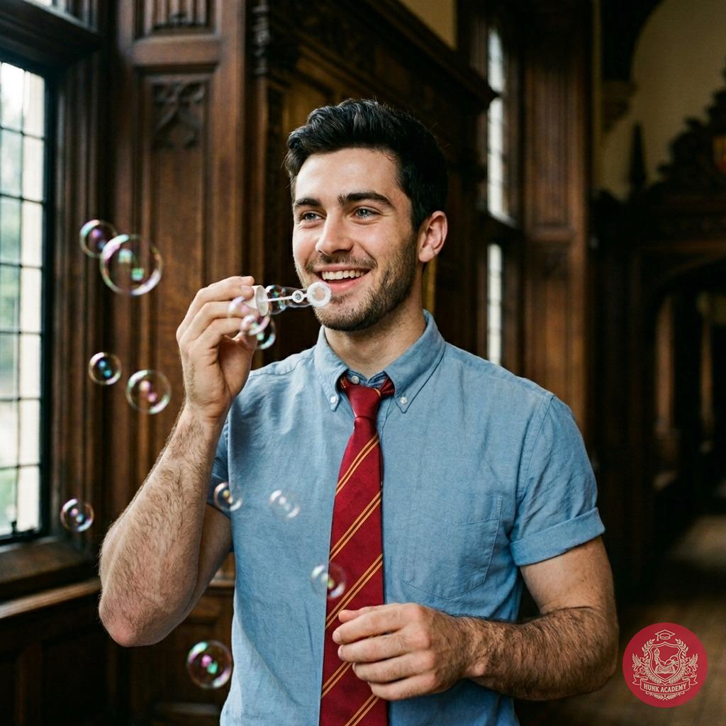 Amidst the quiet halls of knowledge, a scholar pauses—his fingers crafting fleeting dreams in soap bubbles, where even the...