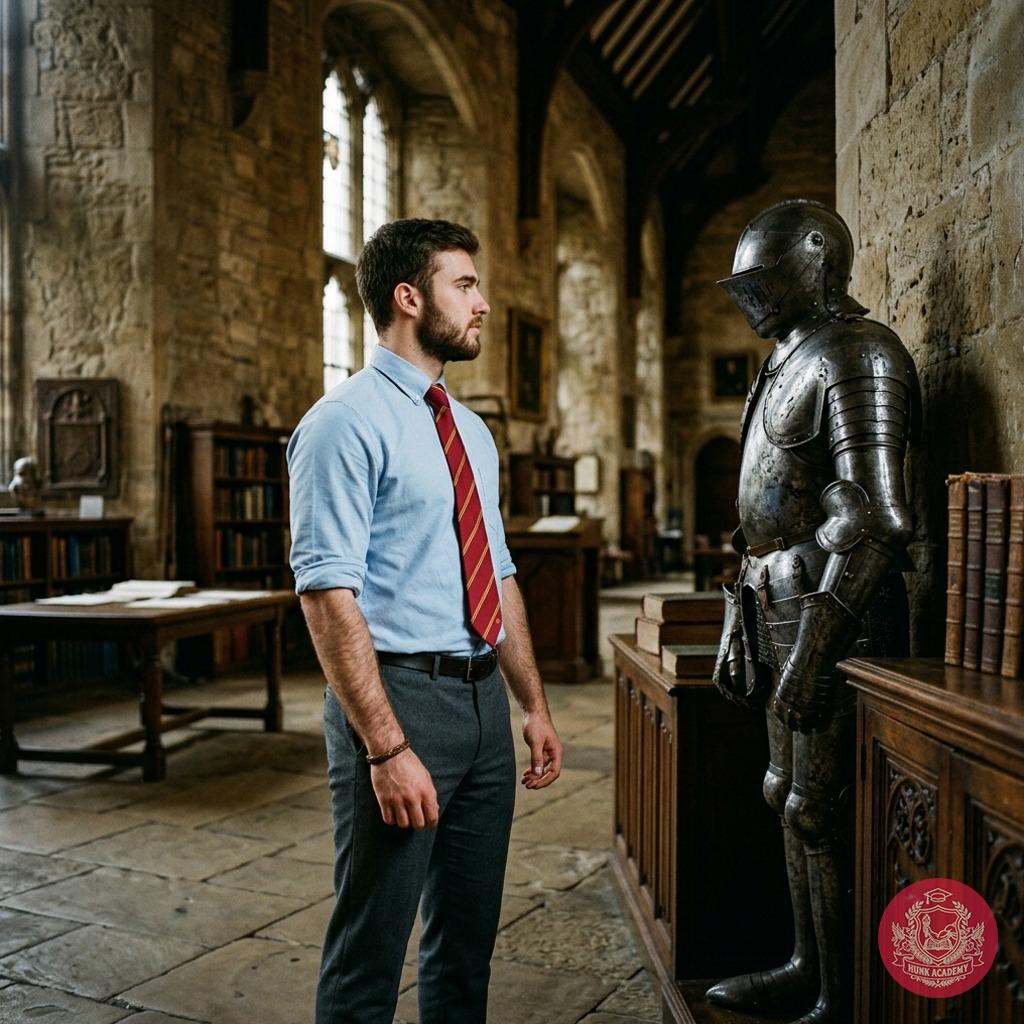 Amidst the whispers of ancient tomes, a scholar stands before the silent sentinel of forgotten battles—where steel meets...