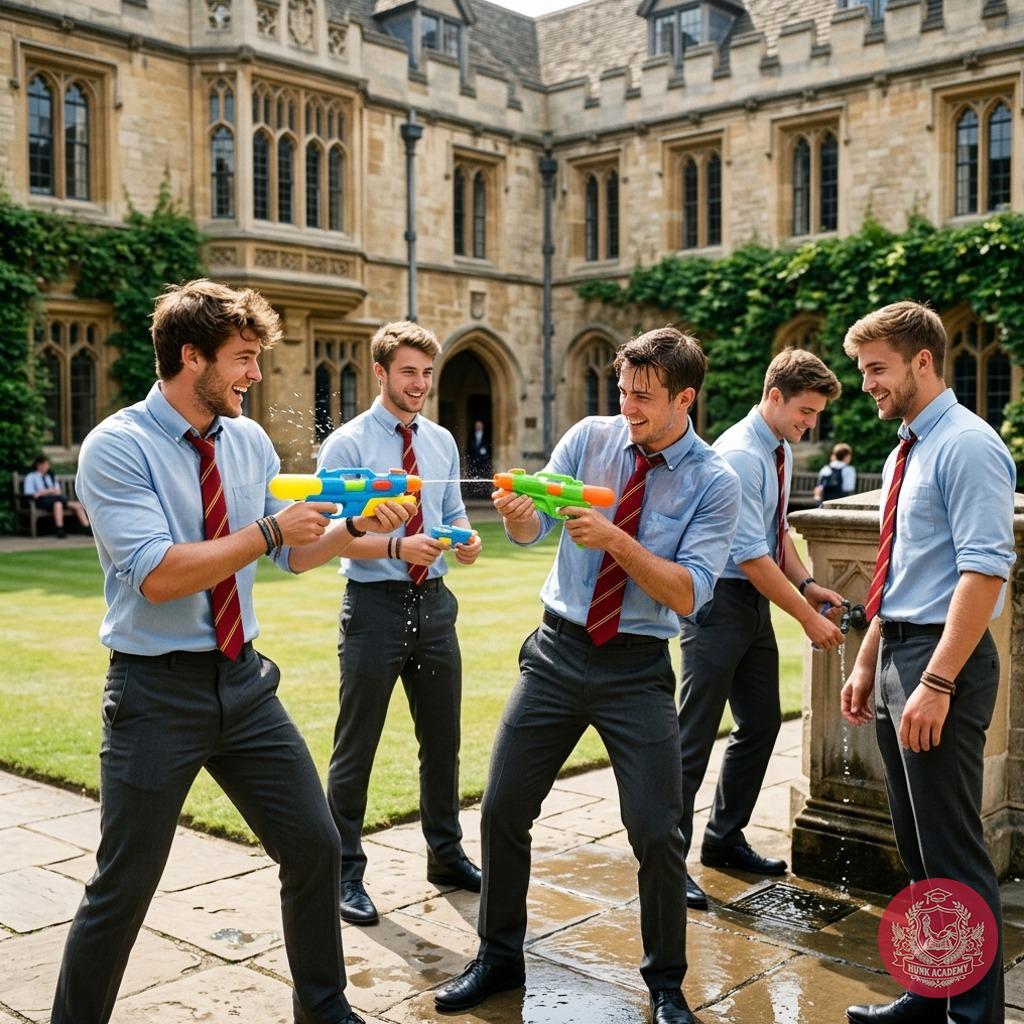 Amidst the timeless halls of academia, camaraderie finds its playful rhythm—scholars trading textbooks for water pistols,...
