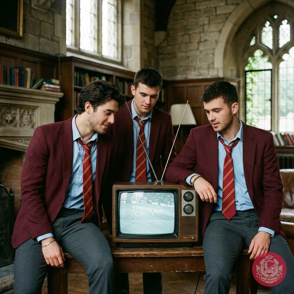 Three scholars pause mid-debate, captivated by an old screen’s flickering tales—where history’s whispers meet the quiet fire...